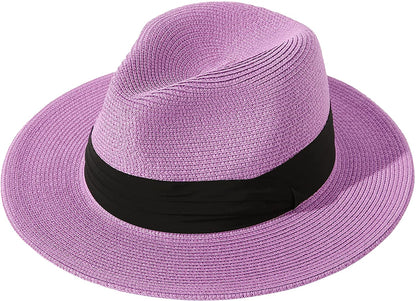 Lanzom Women Wide Brim Straw Panama Roll up Hat Belt Buckle Fedora Beach Sun Hat UPF50+ Apparel & Accessories > Clothing Accessories > Hats Lanzom Purple One Size 
