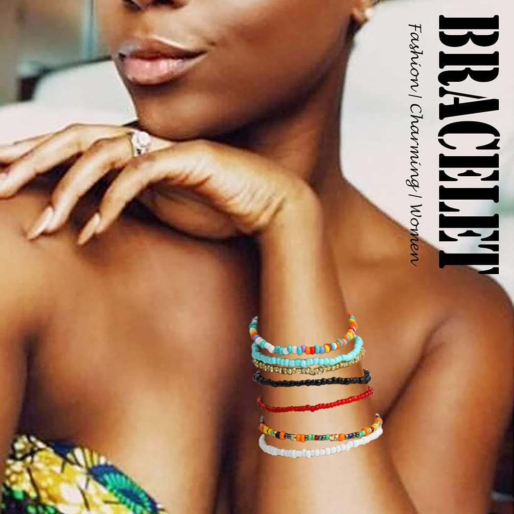 Boho Handmade Beaded African Anklets Multicolor Women Stretch Seed Beads Rainbow Ankle Bracelets Glass Bead Bracelet Elastic Foot and Hand Chain Jewelry (7PCS) Apparel & Accessories > Jewelry > Anklets NEEBAOLY   