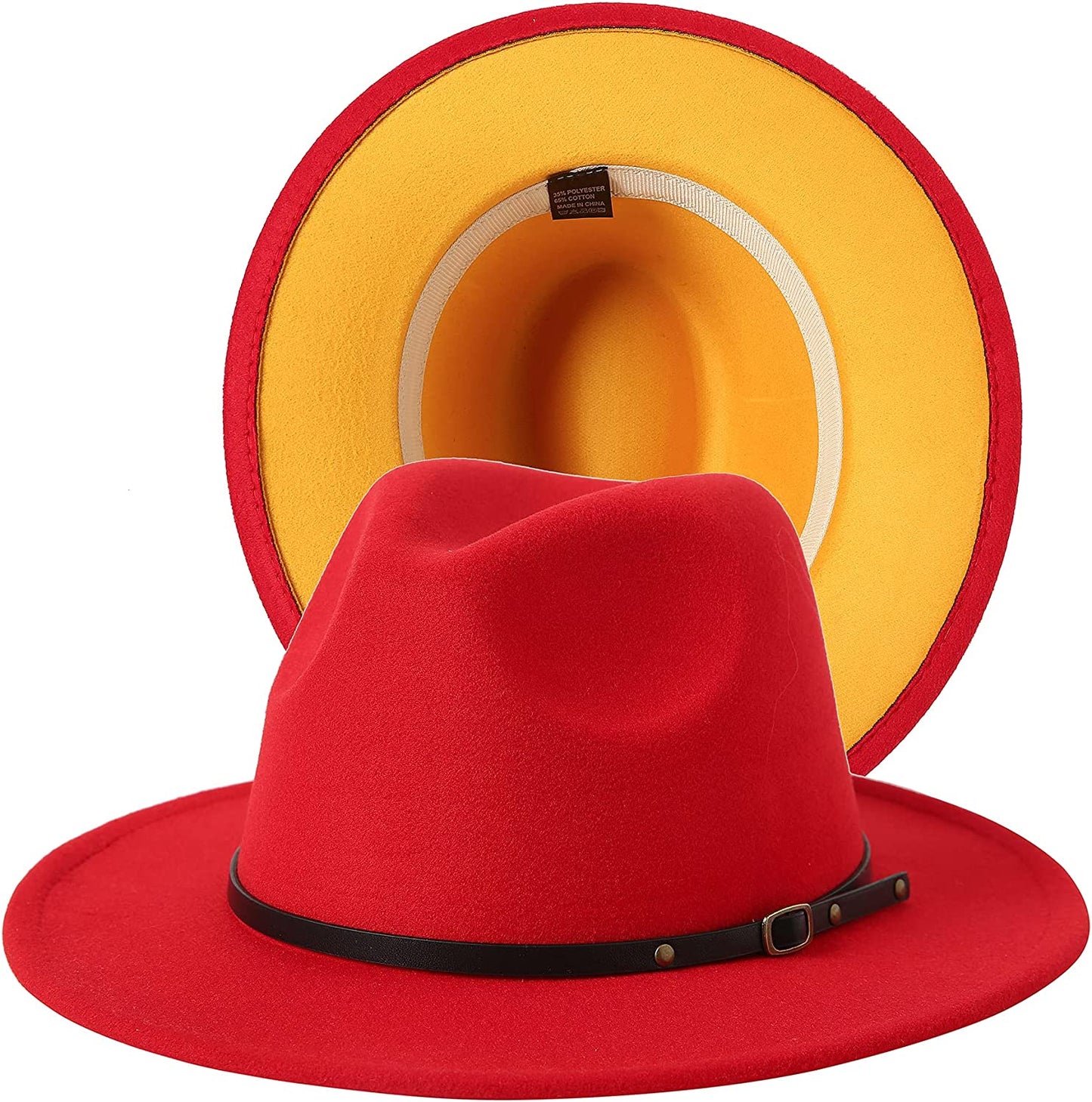 JOYEBUY Women Lady Two Tone Wide Brim Panama Hat Patchwork Colors Classic Fedora Hat with Belt Buckle Apparel & Accessories > Clothing Accessories > Hats JOYEBUY Red/Yellow One Size 