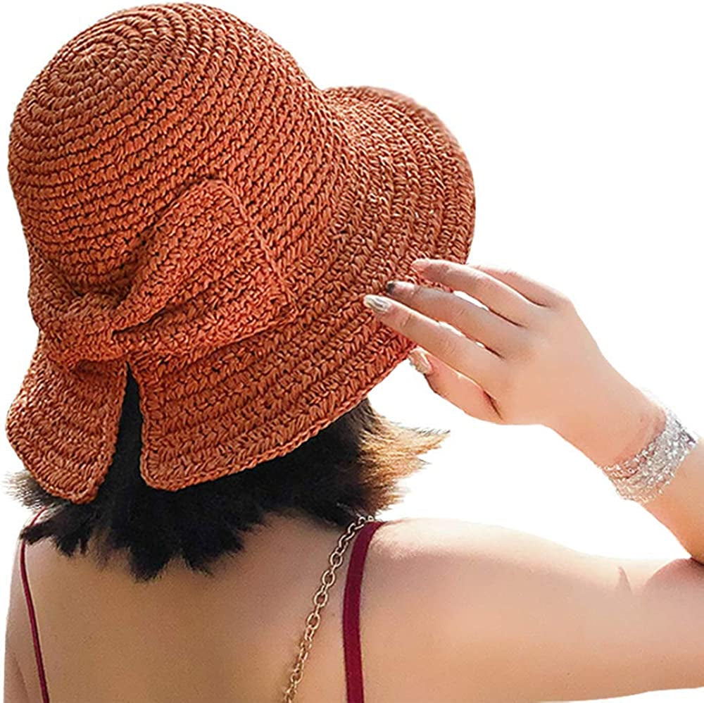 Foldable Wide Brim Floppy Straw Beach Sun Hat,Summer Cap with Bowknot for Women Girls,Strap Adjustable Apparel & Accessories > Clothing Accessories > Hats Bseash 1 Pack Orange  
