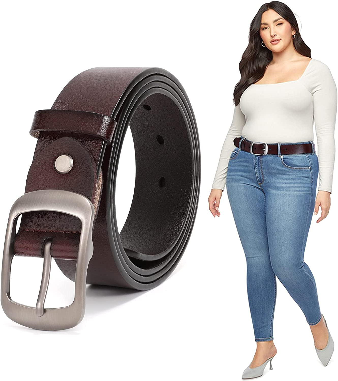 Plus Size Women Leather Belt JASGOOD Black Casual Waist Belt for Jeans Pants with Metal Pin Buckle Apparel & Accessories > Clothing Accessories > Belts KYLIE MAX B-coffee Fit Waist Size 53''-57'' 