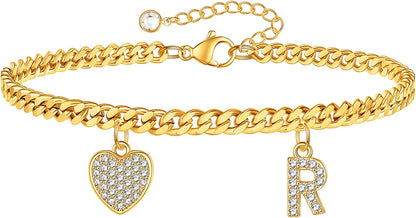 Gold Heart Ankle Bracelets for Women 14K Gold Plated Initial Charm Gold Anklets for Women Cuban Link Chain Heart Anklet Bracelets for Women Apparel & Accessories > Jewelry > Anklets BRIJEWLIC R  