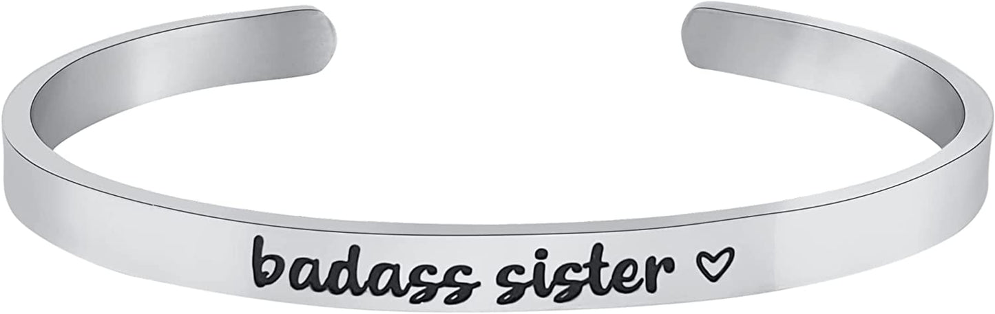 Funny Sister Gifts from Sister or Brother Bracelet - Best Sister Ever Gift Mantra Humorous Quote Sayings Message Cuff Band Bracelet, Jewelry Gifts for Birthday, Christmas, Graduation Apparel & Accessories > Jewelry > Bracelets GLAM&CO Badass Sister Silver  