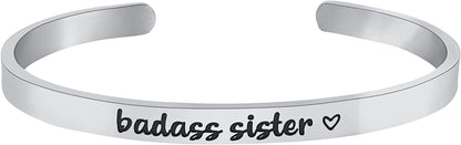 Funny Sister Gifts from Sister or Brother Bracelet - Best Sister Ever Gift Mantra Humorous Quote Sayings Message Cuff Band Bracelet, Jewelry Gifts for Birthday, Christmas, Graduation Apparel & Accessories > Jewelry > Bracelets GLAM&CO Badass Sister Silver  