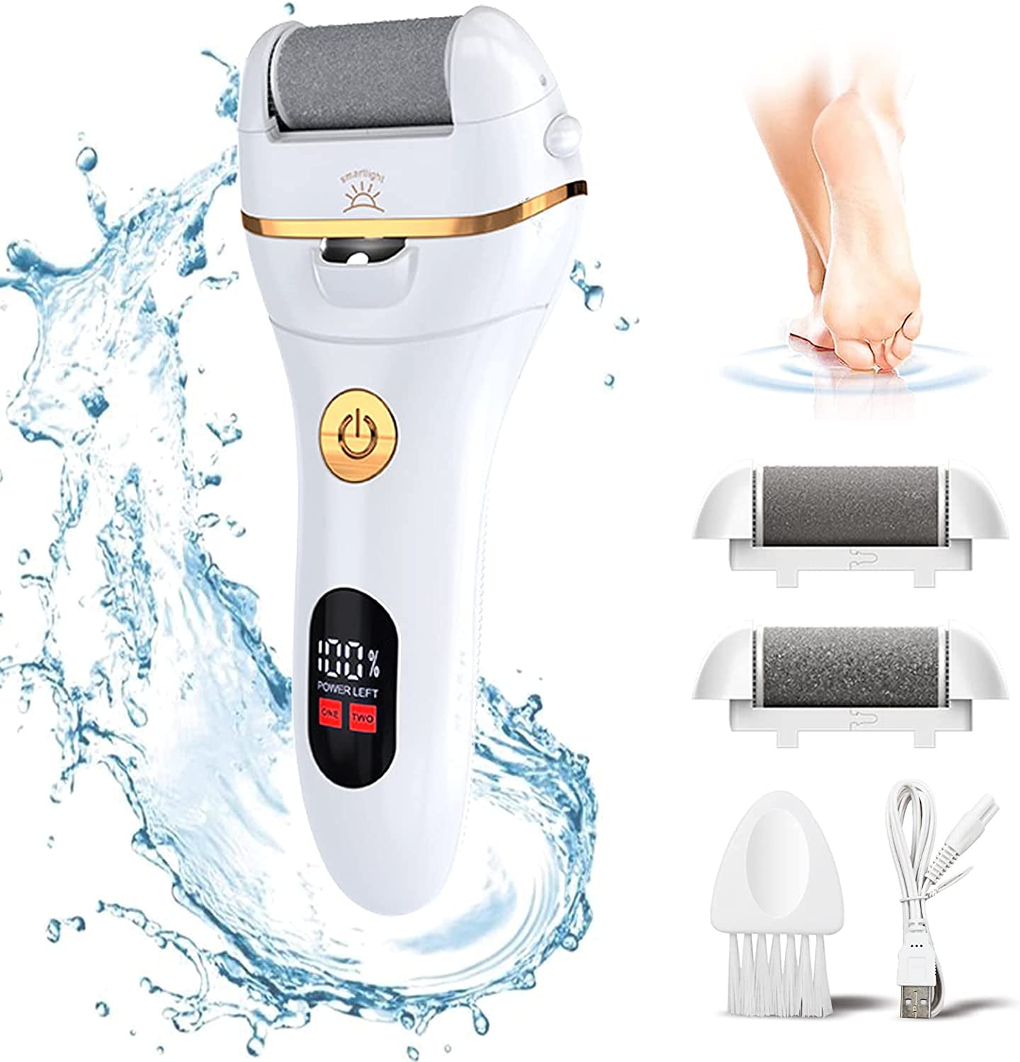 Electric Foot File Callus Remover - IPX7 Waterproof Rechargeable Callus Remover for Feet with 8 in 1 Pedicure Kit Foot Care, 3 Roller Heads, and 2 Speeds Health & Beauty > Personal Care > Foot Care PEFOOK White  