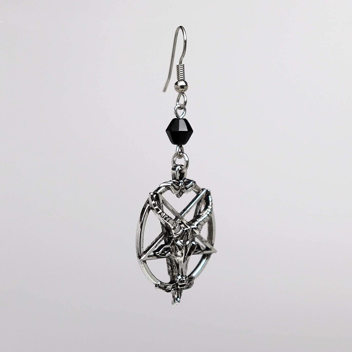 Baphomet Satanic Goat Head Inverted Pentagram Silver Finish Dangle Earrings Apparel & Accessories > Jewelry > Earrings Real Metal   
