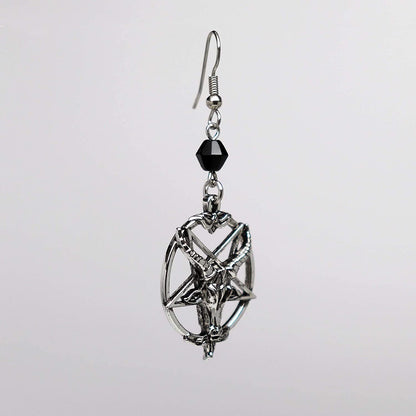 Baphomet Satanic Goat Head Inverted Pentagram Silver Finish Dangle Earrings Apparel & Accessories > Jewelry > Earrings Real Metal   