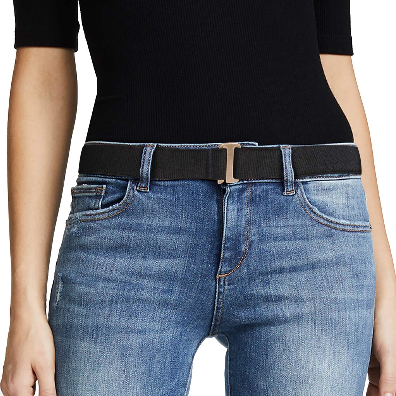 JASGOOD Women No Show Stretch Belt Invisible Elastic Web Strap Belt with Flat Buckle for Jeans Pants Dresses Apparel & Accessories > Clothing Accessories > Belts KYLIE MAX G-black-brass Color Buckle Suit for US Size 16+ 