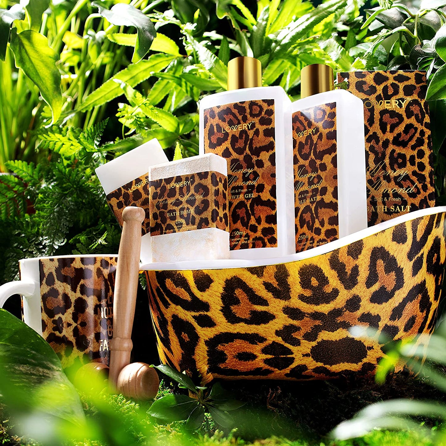 Gift Baskets for Women & Men, 18Pc Honey Almond Home Bath Pampering Package for Relaxing Stress Relief, Leopard Print Thank You, Birthday Gifts, Spa Self Care Kit, Aromatherapy Gifts Health & Beauty > Personal Care > Cosmetics > Bath & Body LOVERY   