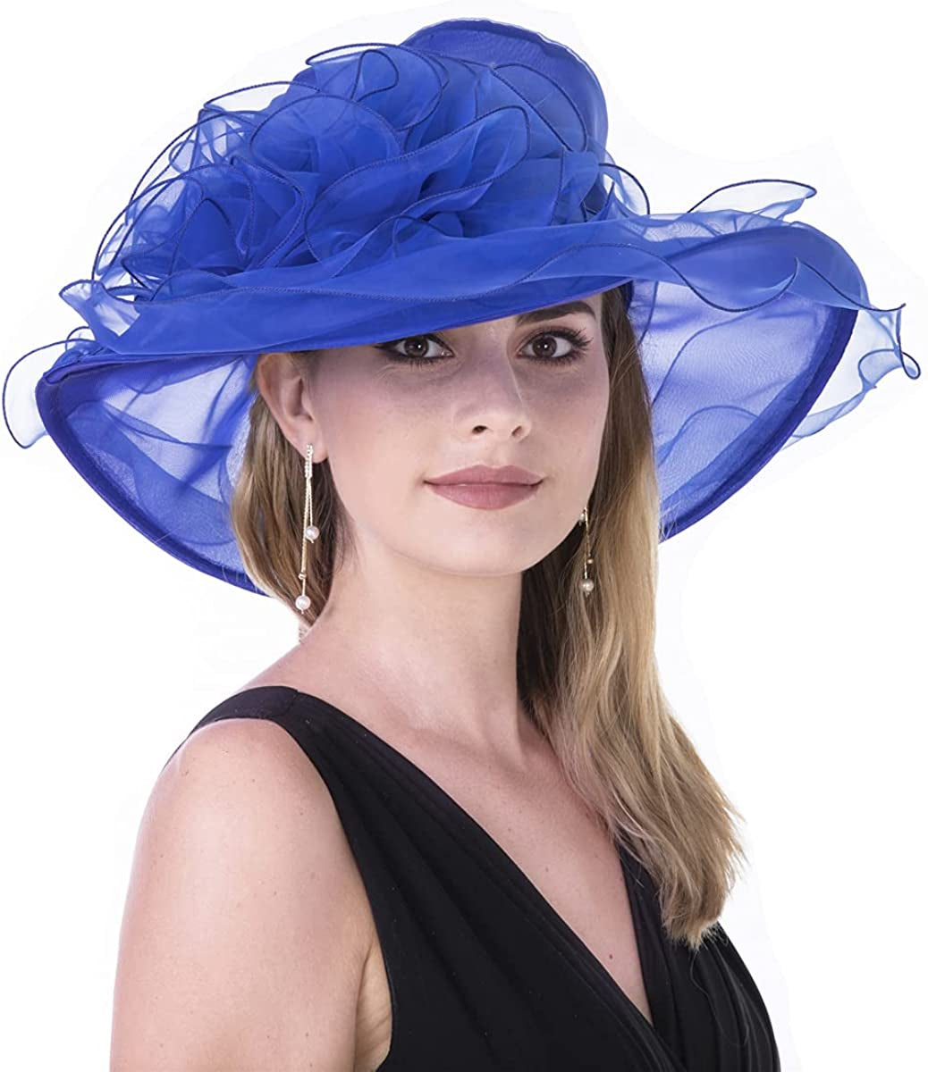 Lucky Leaf Women Kentucky Derby Church Cap Wide Brim Summer Sun Hat for Party Wedding Apparel & Accessories > Clothing Accessories > Headwear Lucky Leaf Nf-royalblue  