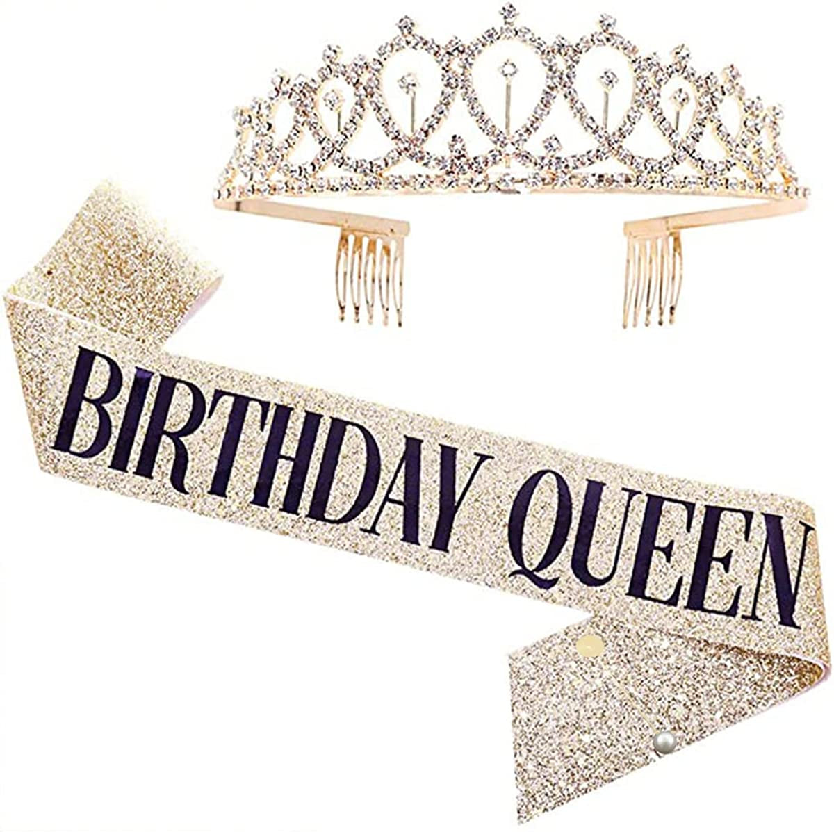 LATFZ Birthday Bitch Sash & Crown Tiara Kit - Black Glitter Birthday Sash Birthday Gifts for Women Birthday Party Supplies Apparel & Accessories > Clothing Accessories > Sashes LATFZ Birthday Queen,gold  