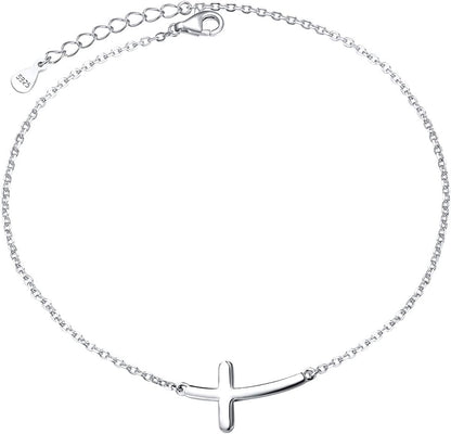 ATHENAA S925 Sterling Silver Concise Sideways Cross Pendant Necklace Bracelet Anklet Apparel & Accessories > Jewelry > Anklets ATHENAA Jewelry Factory A-Anklet 9+1.5"  