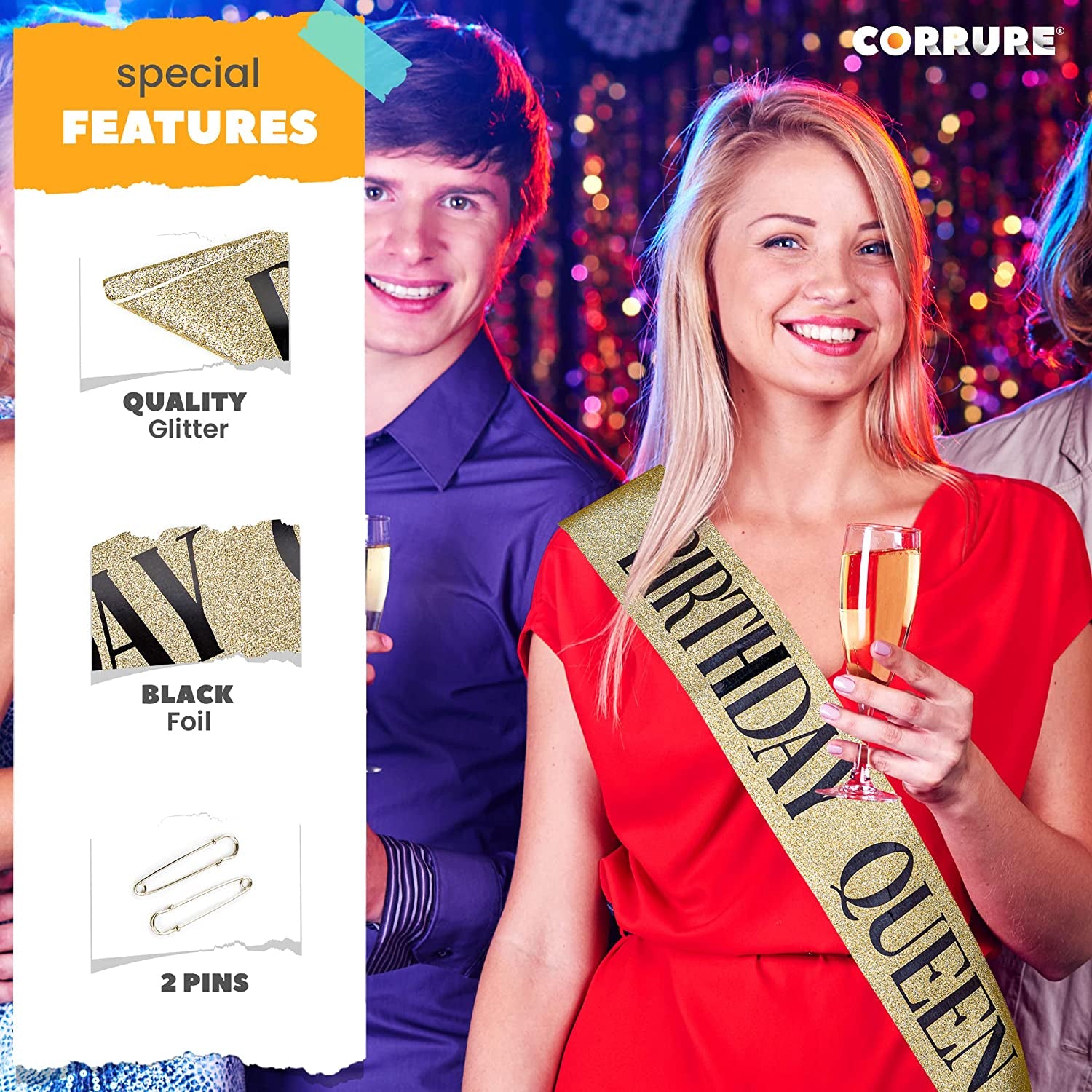 CORRURE 'Birthday Queen' Sash Glitter with Black Foil - Gold Glitter Happy Birthday Sash for Women - Party Favors Supplies and Decorations for Sweet 16, 18Th 21St 30Th 40Th or Any Bday Party Apparel & Accessories > Clothing Accessories > Sashes Pego Brands General   