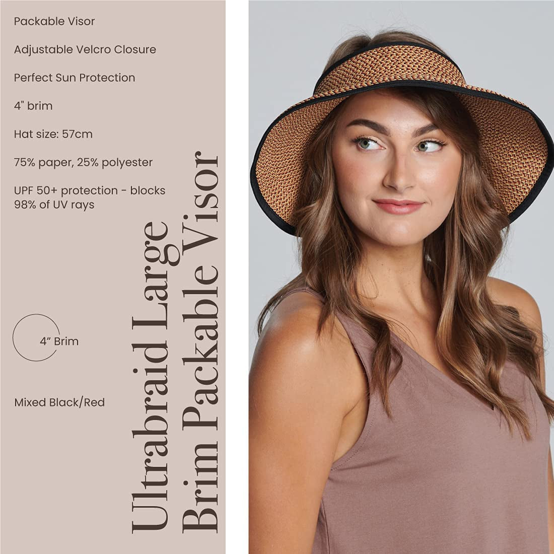 San Diego Hat Company Signature Women'S Ultrabraid Large Brim Visor with Ribbon Binding & Sweatband, Sun Hats for Women, Mixed Black/Red Apparel & Accessories > Clothing Accessories > Hats San Diego Hat Co.   