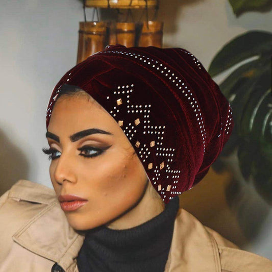Bohend Vintage Rhinestone Turban Sleep Headwrap Wide Sparkly Sleep Turban Headband Crystal Muslim Hat Headwear Beanie Pre-Tied Bonnet Velvet Hat Cap Hair Wrap for Women and Girls (Wine Red) Apparel & Accessories > Clothing Accessories > Headwear Bohend Wine Red  