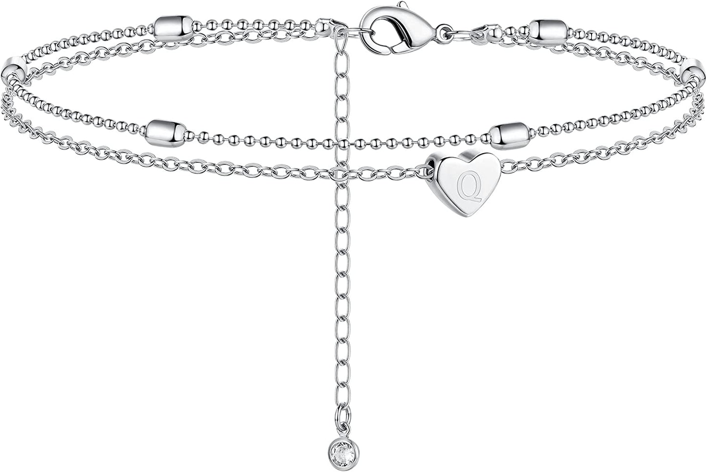 Moodear Silver Ankle Bracelets for Women, Sterling Silver Initial Anklet Layered Dainty Tiny Heart Charm Handmade Carved Alphabet A-Z Letter Ankle Bracelet Beaded Foot Chain Personalized Name Anklets Summer Cute Boho Beach Gift for Her Apparel & Accessories > Jewelry > Anklets Moodear Sterling Silver-Q  
