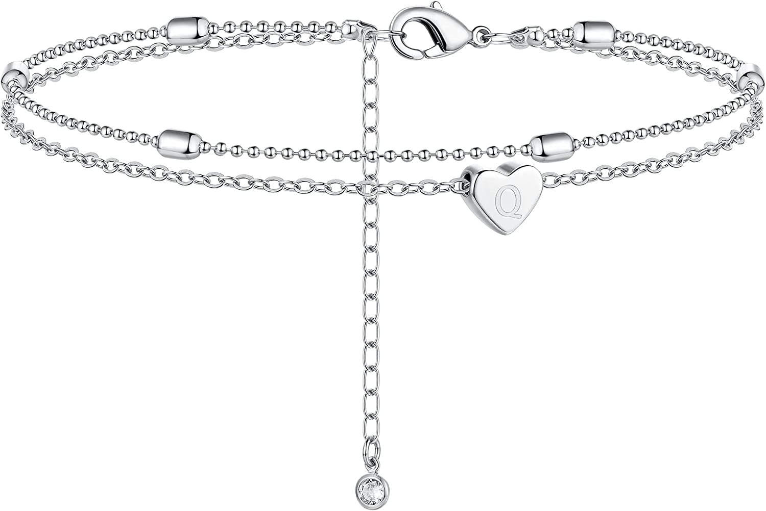 Moodear Silver Ankle Bracelets for Women, Sterling Silver Initial Anklet Layered Dainty Tiny Heart Charm Handmade Carved Alphabet A-Z Letter Ankle Bracelet Beaded Foot Chain Personalized Name Anklets Summer Cute Boho Beach Gift for Her Apparel & Accessories > Jewelry > Anklets Moodear Sterling Silver-Q  