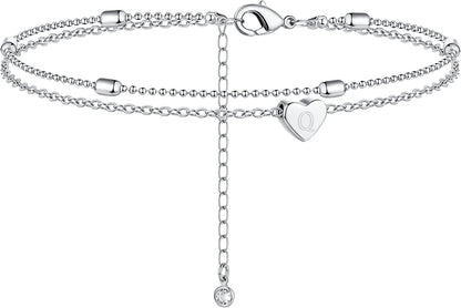 Moodear Silver Ankle Bracelets for Women, Sterling Silver Initial Anklet Layered Dainty Tiny Heart Charm Handmade Carved Alphabet A-Z Letter Ankle Bracelet Beaded Foot Chain Personalized Name Anklets Summer Cute Boho Beach Gift for Her Apparel & Accessories > Jewelry > Anklets Moodear Sterling Silver-Q  