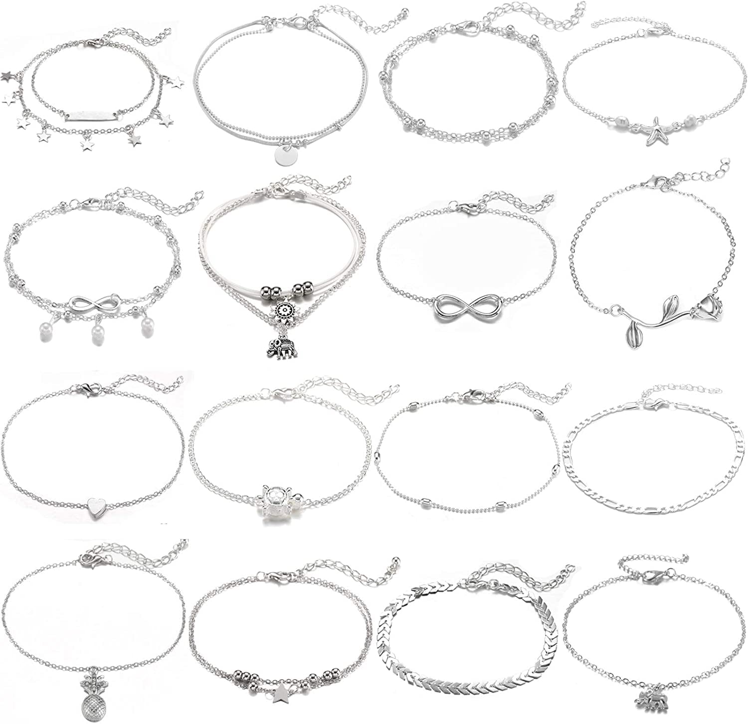 Starain 12Pcs Women'S Charm Anklet Set Gold Multilayer Adjustable Ankle Bracelets Boho Beach Foot Anklet for Women Girls Apparel & Accessories > Jewelry > Anklets Starain 16Pcs Silver Anklets  