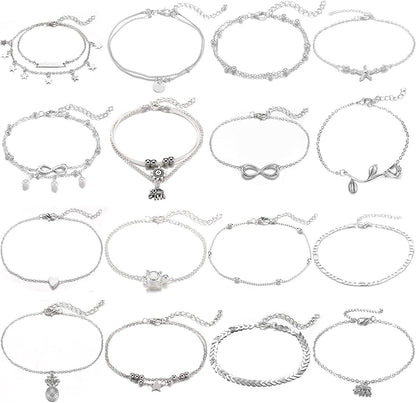 Starain 12Pcs Women'S Charm Anklet Set Gold Multilayer Adjustable Ankle Bracelets Boho Beach Foot Anklet for Women Girls Apparel & Accessories > Jewelry > Anklets Starain 16Pcs Silver Anklets  