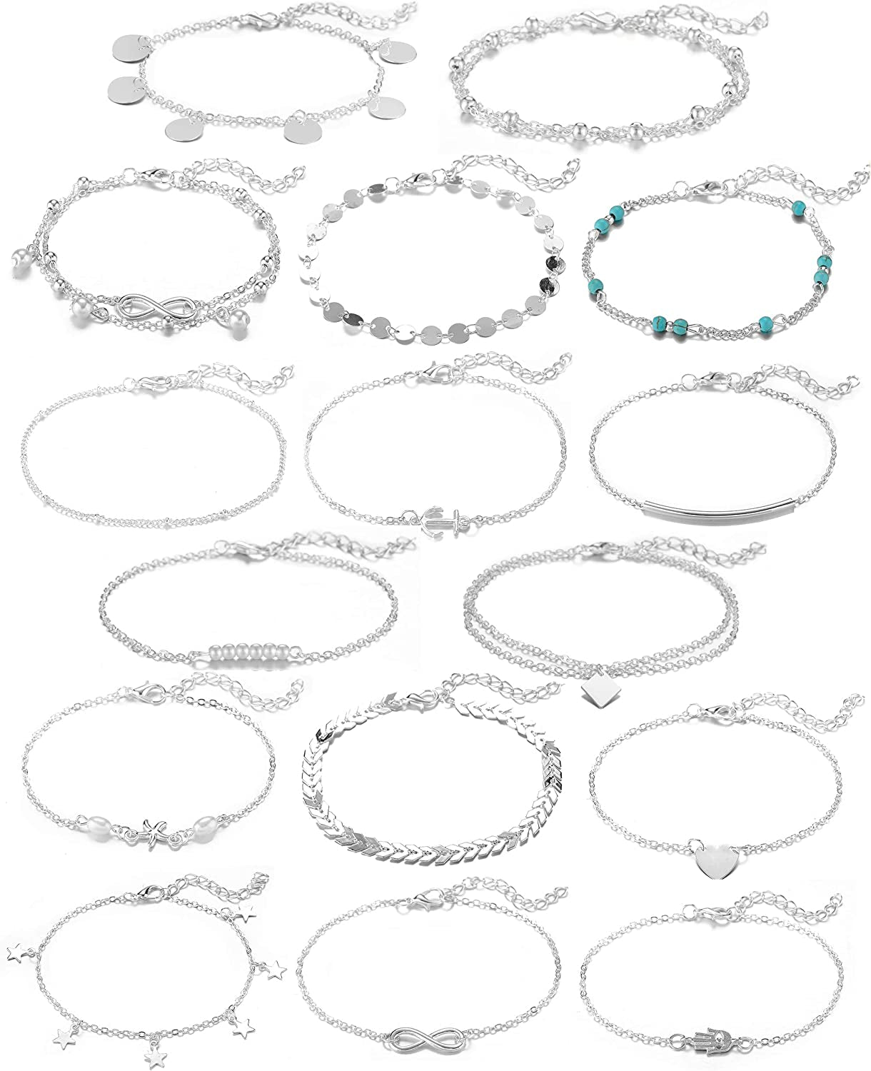 Softones 16Pcs Ankle Bracelets for Women Girls Gold Silver Two Style Chain Beach Anklet Bracelet Jewelry Anklet Set,Adjustable Size Apparel & Accessories > Jewelry > Anklets Softones A:Silver  