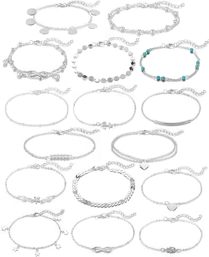 Softones 16Pcs Ankle Bracelets for Women Girls Gold Silver Two Style Chain Beach Anklet Bracelet Jewelry Anklet Set,Adjustable Size Apparel & Accessories > Jewelry > Anklets Softones A:Silver  