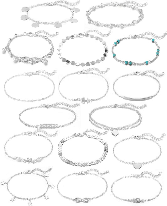 Softones 16Pcs Ankle Bracelets for Women Girls Gold Silver Two Style Chain Beach Anklet Bracelet Jewelry Anklet Set,Adjustable Size Apparel & Accessories > Jewelry > Anklets Softones A:Silver  