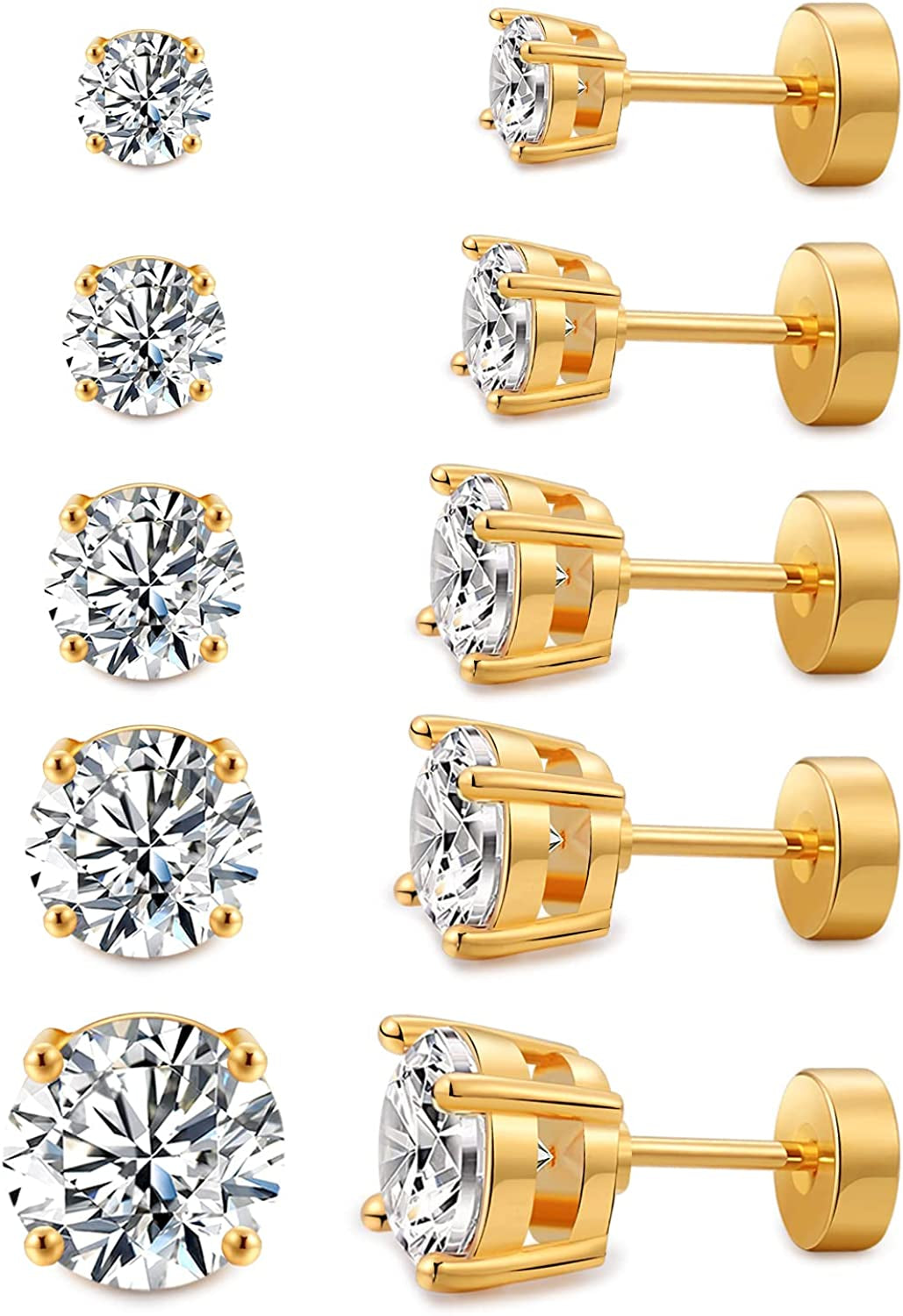 Women'S 14K Gold Plated CZ Stud Earrings Simulated Diamond round Cubic Zirconia Ear Stud Set（5 Pairs) Apparel & Accessories > Jewelry > Earrings Kainier Flatback-Gold  