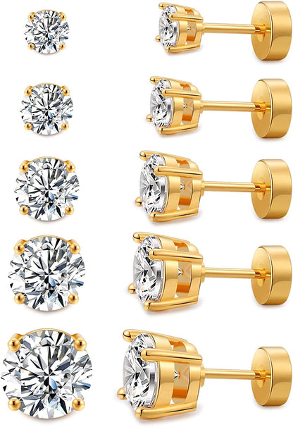 Women'S 14K Gold Plated CZ Stud Earrings Simulated Diamond round Cubic Zirconia Ear Stud Set（5 Pairs) Apparel & Accessories > Jewelry > Earrings Kainier Flatback-Gold  