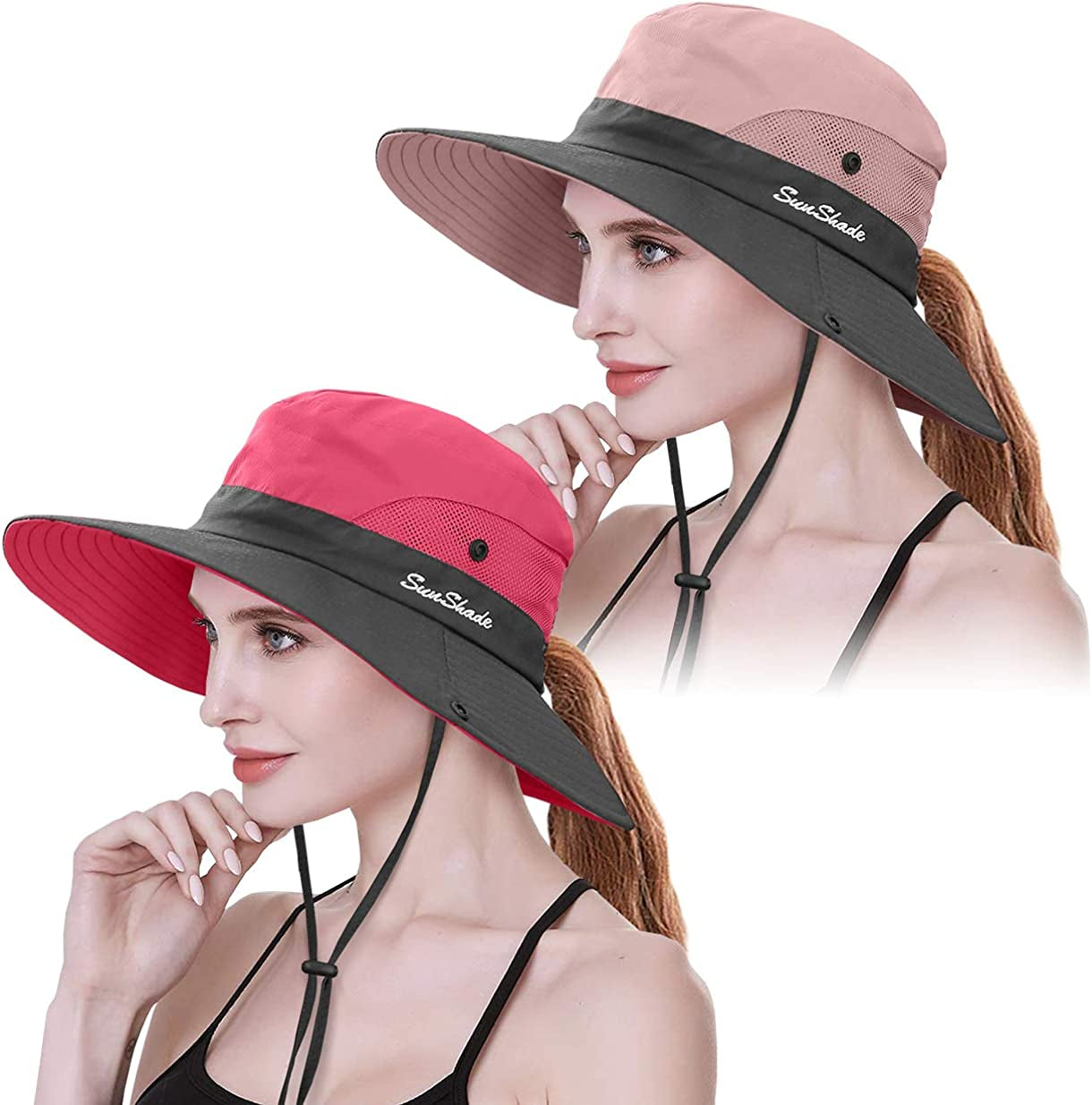 IYEBRAO 2 Pack Womens Ponytail Sun Hat UV Protection Bucket Hats Foldable Wide Brim Summer Boonie Beach Cap Fishing Hiking Apparel & Accessories > Clothing Accessories > Hats 29 IYEBRAO Watermelon Red & Pink  