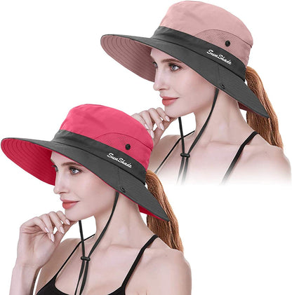 IYEBRAO 2 Pack Womens Ponytail Sun Hat UV Protection Bucket Hats Foldable Wide Brim Summer Boonie Beach Cap Fishing Hiking Apparel & Accessories > Clothing Accessories > Hats 29 IYEBRAO Watermelon Red & Pink  