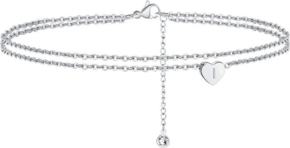 Turandoss Silver Heart Initial Ankle Bracelets for Women, 14K White Gold Filled Handmade Dainty Layered Silver Anklet Letter Initial Heart Ankle Bracelets for Women Silver Summer Foot Beach Jewelry Apparel & Accessories > Jewelry > Anklets Turandoss I  