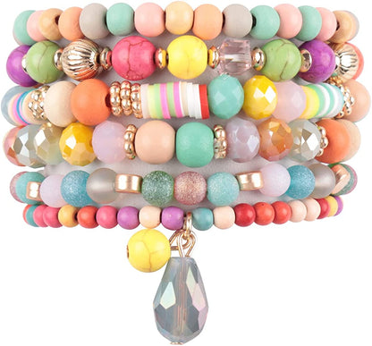 Bohemian Mix Bead Multi Layer Versatile Statement Bracelets - Stackable Beaded Strand Stretch Bangles Sparkly Crystal, Tassel Charm Apparel & Accessories > Jewelry > Bracelets RIAH FASHION Mix Bead Wood Charm Stretch Bracelet Set - Multi  