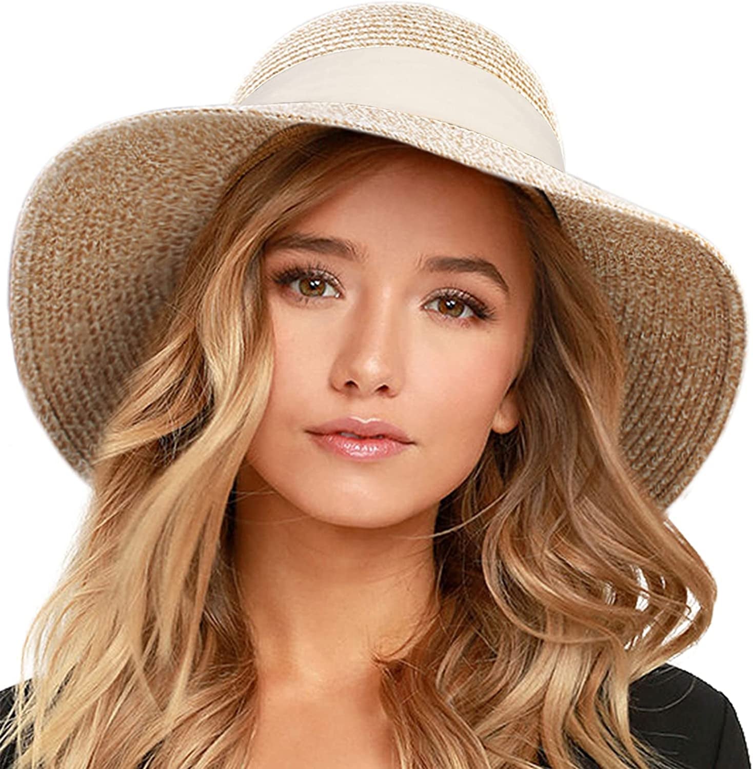 FURTALK Womens Beach Sun Straw Hat UV UPF50 Travel Foldable Brim Summer UV Hat Apparel & Accessories > Clothing Accessories > Hats KYLIE MAX Mix Beige-beige Medium 