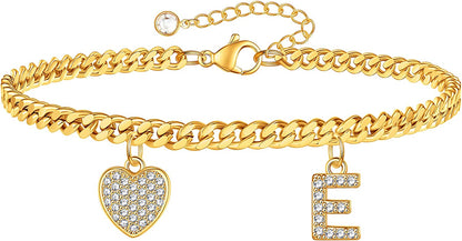 Gold Heart Ankle Bracelets for Women 14K Gold Plated Initial Charm Gold Anklets for Women Cuban Link Chain Heart Anklet Bracelets for Women Apparel & Accessories > Jewelry > Anklets BRIJEWLIC E  
