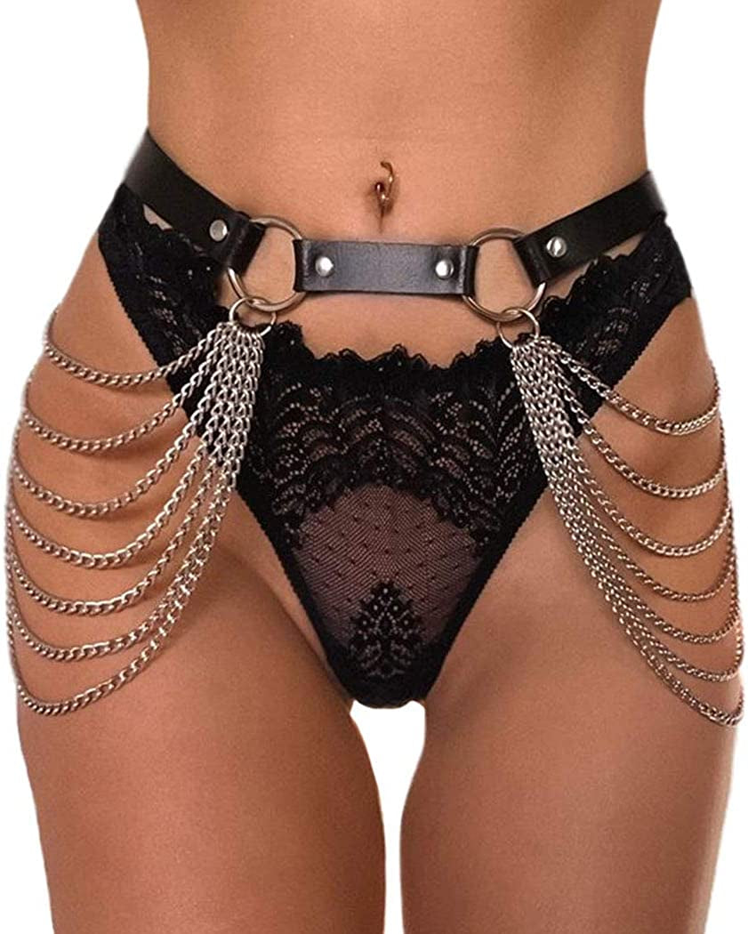 Twinklede Punk Leather Belly Waist Chain Belt Silver Layered Body Chains Festival Rave Body Chain Jewelry for Women and Girls Apparel & Accessories > Jewelry > Body Jewelry Twinklede   