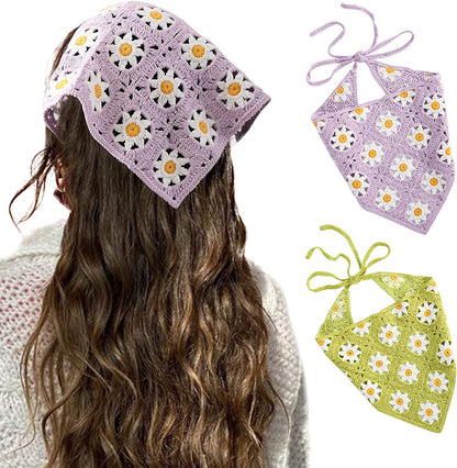 Floral Crochet Hair Bandanas Headscarf- HAIMEIKANG 2 PCS Women Hair Scarf Daisy Headband Vintage Head Kerchief for Girls Apparel & Accessories > Clothing Accessories > Bandanas & Headties HAIMEIKANG Green+purple  
