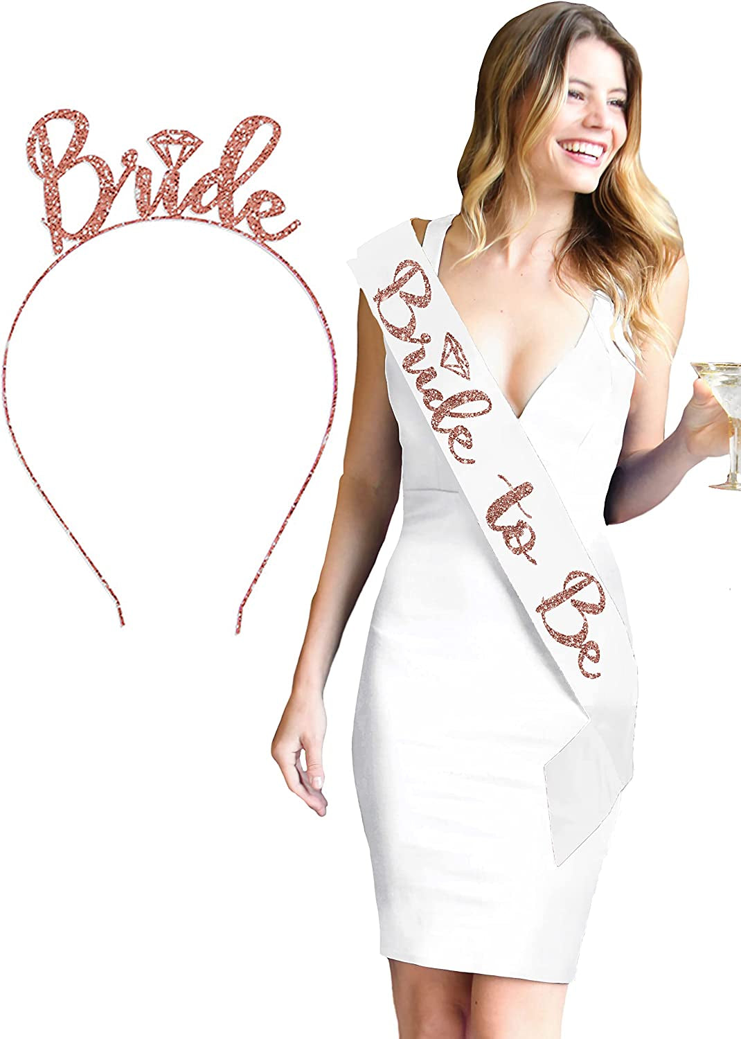 Bride Rose Gold Bridal Shower Set - BRIDAL GRADE SATIN White Sash & Rose Gold Diamond Bride Headband, Bride Kit, Bridal Giftset (B2B & HB Rsgld)Wht Apparel & Accessories > Clothing Accessories > Sashes RhinestoneSash   