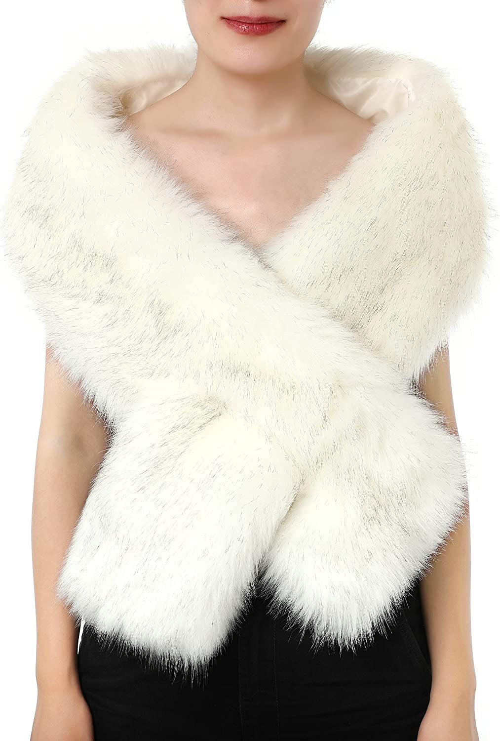 Dikoaina Women'S Winter Fake Faux Fur Scarf Wrap Collar Shawl Shrug Apparel & Accessories > Clothing Accessories > Scarves & Shawls Dikoaina White With Brown Tip 48"/125cm 