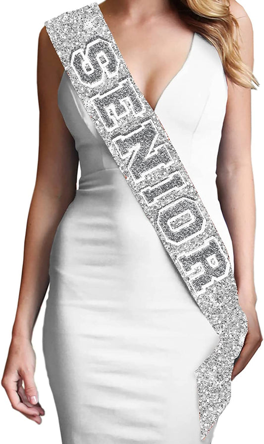 Senior Sash - Senior Night Party Decorations - Senior 2023 Party Sports Event Sash Cheer Dance Team Apparel & Accessories > Clothing Accessories > Sashes RhinestoneSash Silver Sparkle (Senior)  