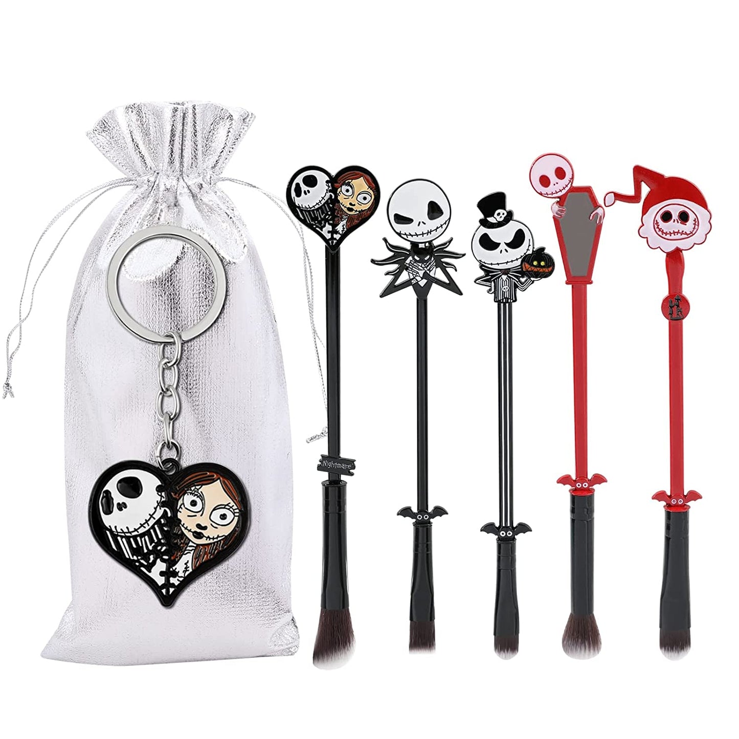 Nightmare before Christmas Makeup Brushes - 5Pcs Corpse Bride Anime Make up Brush Set Silver Drawstring Bag Included Health & Beauty > Personal Care > Cosmetics > Cosmetic Tools > Makeup Tools rongji jewelry Brushes and Keychain  