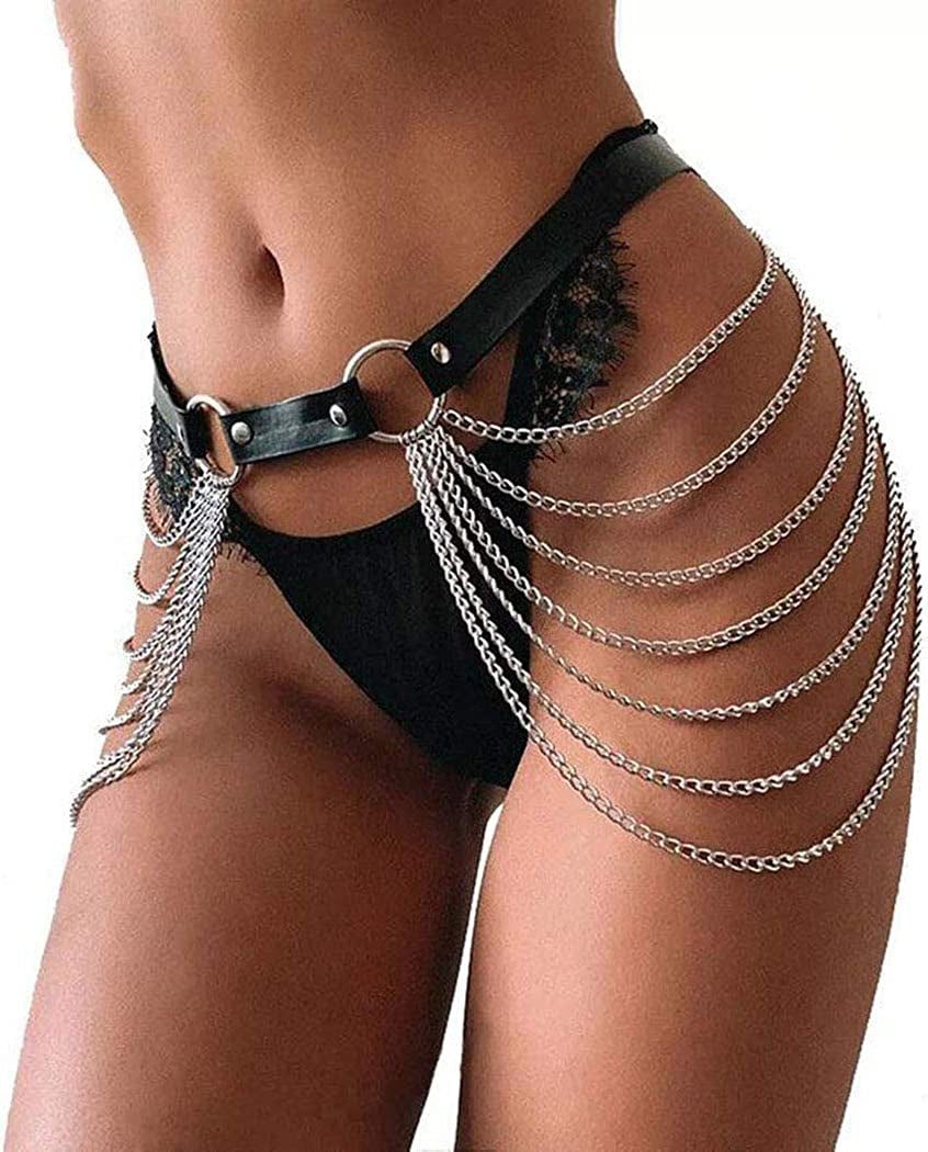 Twinklede Punk Leather Belly Waist Chain Belt Silver Layered Body Chains Festival Rave Body Chain Jewelry for Women and Girls Apparel & Accessories > Jewelry > Body Jewelry Twinklede   