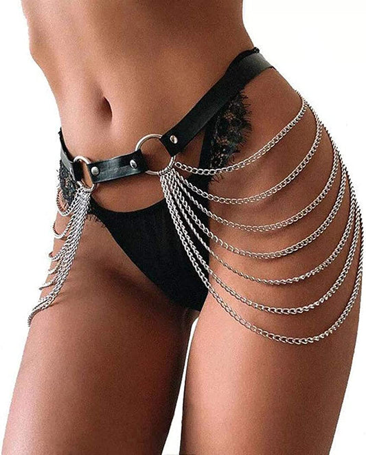 Twinklede Punk Leather Belly Waist Chain Belt Silver Layered Body Chains Festival Rave Body Chain Jewelry for Women and Girls Apparel & Accessories > Jewelry > Body Jewelry Twinklede   