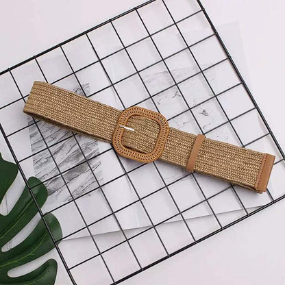 Women Skinny Dress Belt, Fashion Straw Woven Elastic Stretch Waist Band Wood Buckle Belt Apparel & Accessories > Clothing Accessories > Belts YUCFOREN   