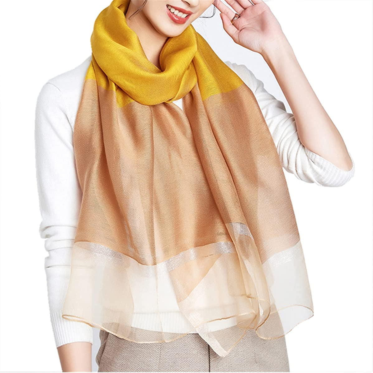 WINCESS YU Solid Color Mulberry Silk Scarf for Women Soft Blanket Shawl Beach Gauze Scarves and Wraps for for All Season Apparel & Accessories > Clothing Accessories > Scarves & Shawls WINCESS.YU Yellow & Camel  