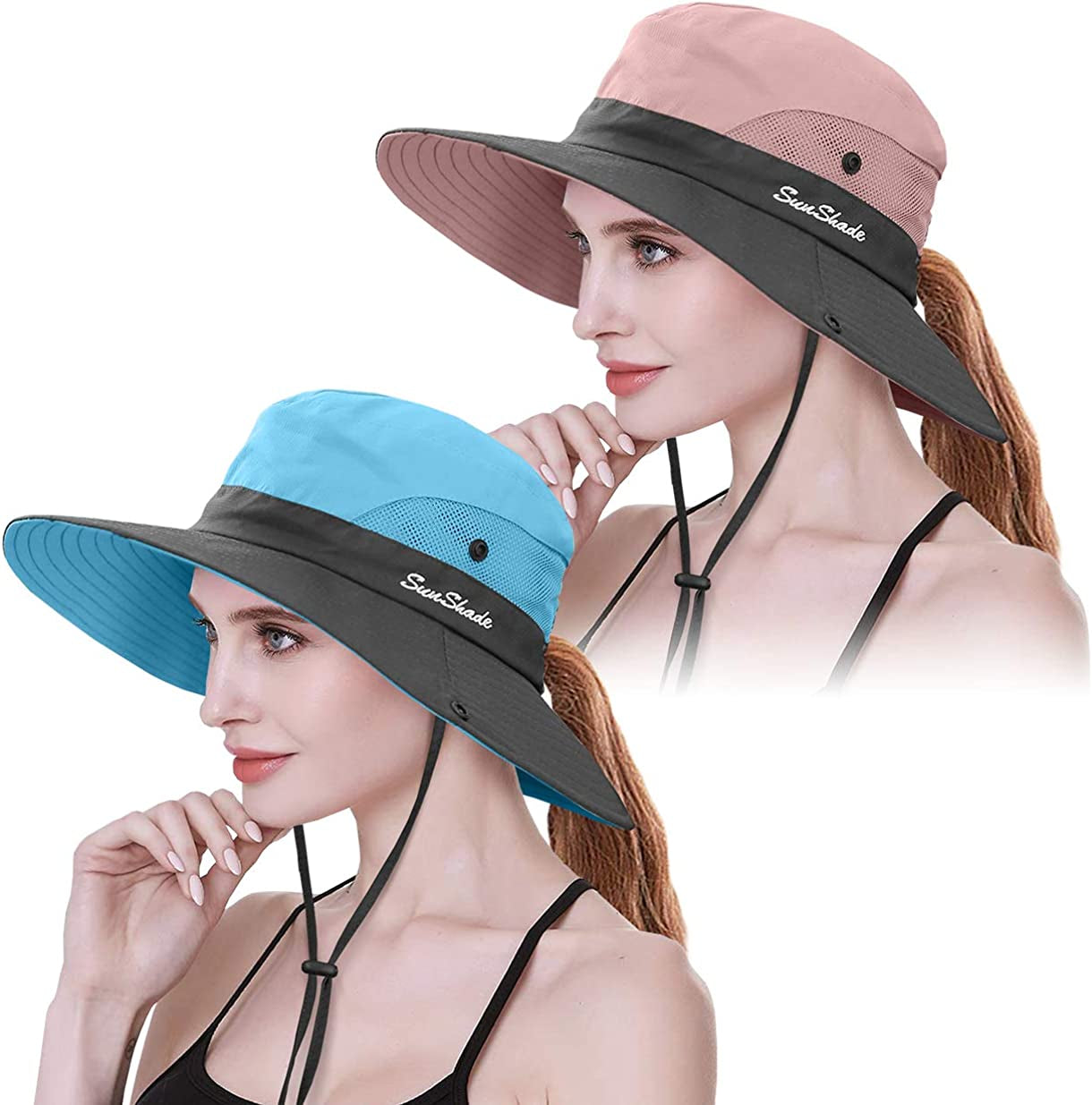 IYEBRAO 2 Pack Womens Ponytail Sun Hat UV Protection Bucket Hats Foldable Wide Brim Summer Boonie Beach Cap Fishing Hiking Apparel & Accessories > Clothing Accessories > Hats 29 IYEBRAO Pink & Sky Blue  