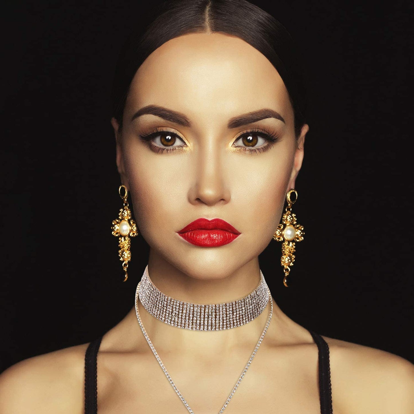 Meekoo 2 Pieces Rhinestone Tassel Choker Necklace Multi-Layer Wide Collar Necklaces Tassel Chain Necklaces for Women Girls Favor Apparel & Accessories > Jewelry > Necklaces meekoo   