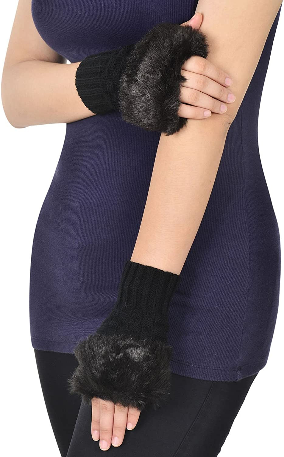 Simplicity Women'S Winter Faux Fur Knit Fingerless Hand Warmer Mitten Gloves Apparel & Accessories > Clothing Accessories > Gloves & Mittens Simplicity   