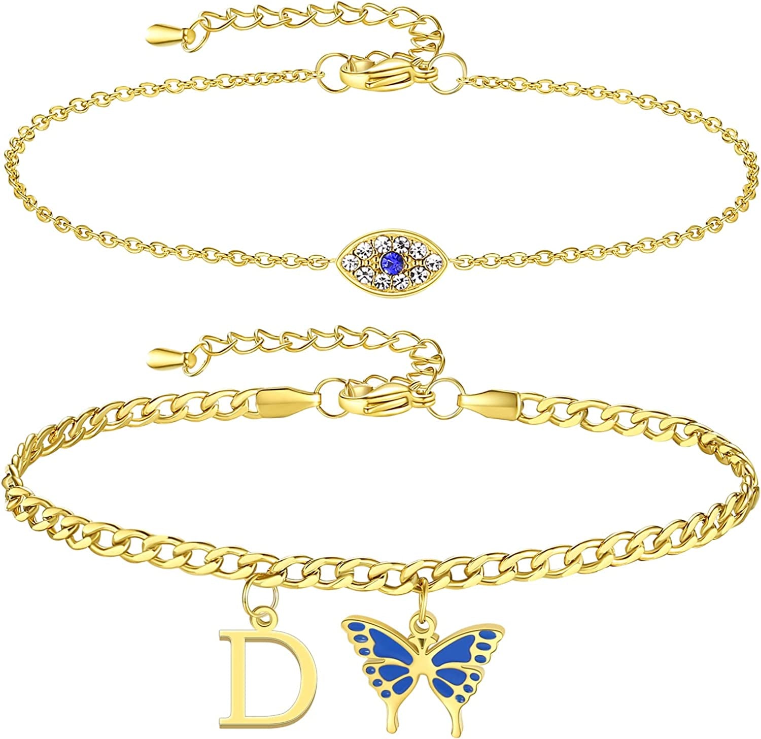 SAM & LORI 2 Pcs Anklets Set 18K Gold Plated Dainty Layered Personalized Initial Anklets Bracelets - Blue Butterfly - Sparkling CZ Evil Eye - Adjustable Summer Jewelry for Women Teen Girls Apparel & Accessories > Jewelry > Anklets SAM & LORI "Butterfly Evil Eye - D  