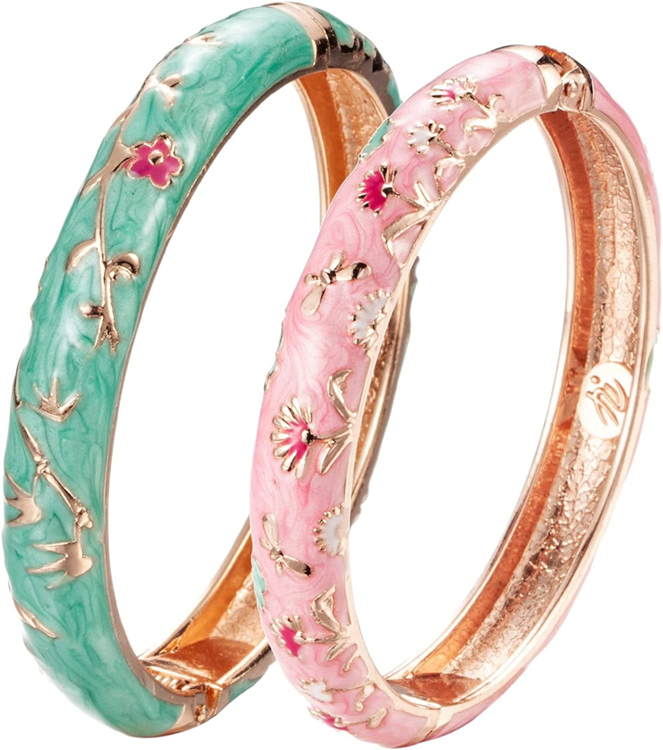 UJOY Cloisonne Bracelet Butterfly Gold Hinge Indian Cuff Bangle Enameled Jewelry Flower Bracelets for Women Gift Box 55A114 Apparel & Accessories > Jewelry > Bracelets UJOY 2 Pcs Set-Bamboo-Green and Pink  
